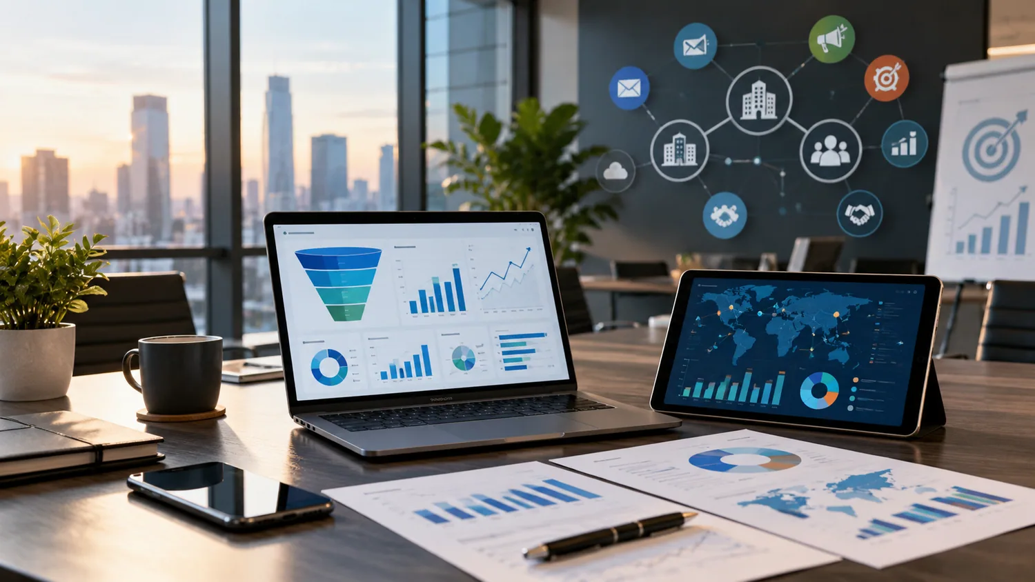 Nowoczesne biuro z dashboardami biznesowymi